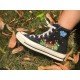Renkli Çiçek Desenli Özel Nakışlı Siyah Sneaker